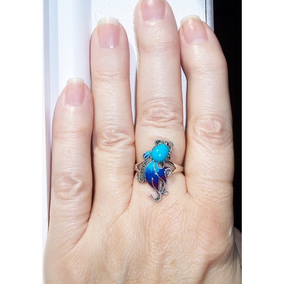 925 STERLING SILVER Simulated Turquoise Fish Ghost Marcasite Ring - Picture 10 of 16
